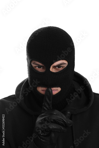 Man wearing black balaclava on white background