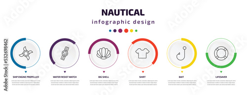 nautical infographic element with icons and 6 step or option. nautical icons such as ship engine propeller, water resist watch, big shell, shirt, bait, lifesaver vector. can be used for banner, info