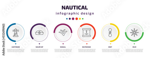 nautical infographic element with icons and 6 step or option. nautical icons such as lighthouse, sailor cap, seagull, sea package, knot, helm vector. can be used for banner, info graph, web,