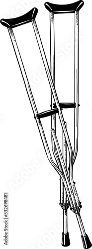 PNG engraved style illustration for posters, decoration and print. Hand drawn sketch of crutches in black isolated on white background. Detailed vintage etching style drawing.	
 photo