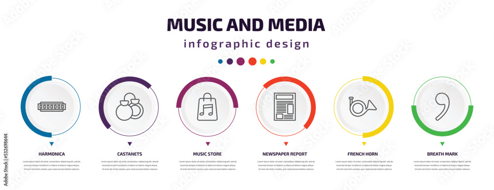 music and media infographic element with icons and 6 step or option. music and media icons such as harmonica, castanets, music store, newspaper report, french horn, breath mark vector. can be used music and media infographic element with icons and 6 step or option. music and media icons such as harmonica, castanets, music store, newspaper report, french horn, breath mark vector. can be used