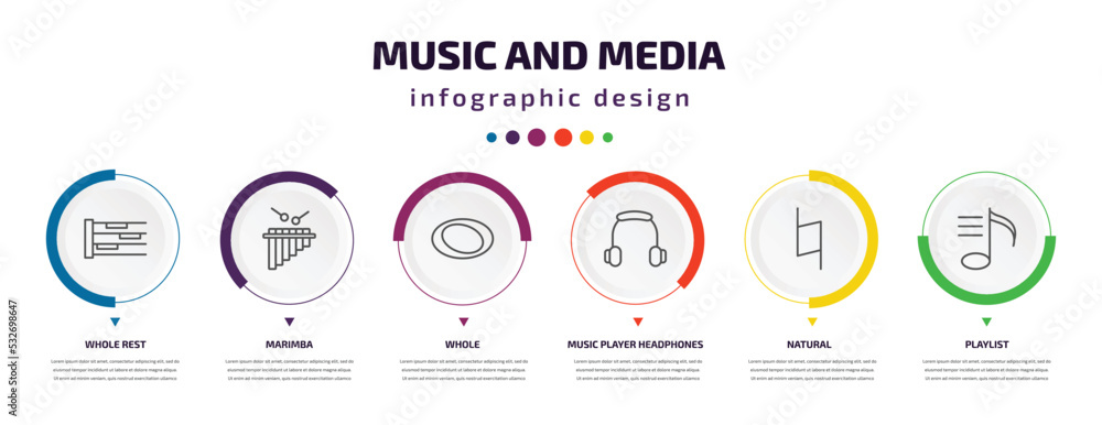 music and media infographic element with icons and 6 step or option. music and media icons such as whole rest, marimba, whole, music player headphones, natural, playlist vector. can be used for music and media infographic element with icons and 6 step or option. music and media icons such as whole rest, marimba, whole, music player headphones, natural, playlist vector. can be used for