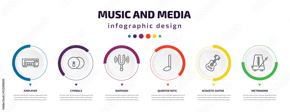 music and media infographic element with icons and 6 step or option. music and media icons such as amplifier, cymbals, diapason, quarter note, acoustic guitar, metronome vector. can be used for music and media infographic element with icons and 6 step or option. music and media icons such as amplifier, cymbals, diapason, quarter note, acoustic guitar, metronome vector. can be used for