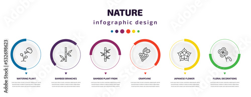 nature infographic element with icons and 6 step or option. nature icons such as watering plant, bamboo branches, bamboo plant from japan, grapevine, japanese flower, floral decorations vector. can