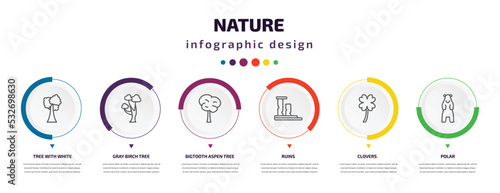 nature infographic element with icons and 6 step or option. nature icons such as tree with white foliage, gray birch tree, bigtooth aspen tree, ruins, clovers, polar vector. can be used for banner,
