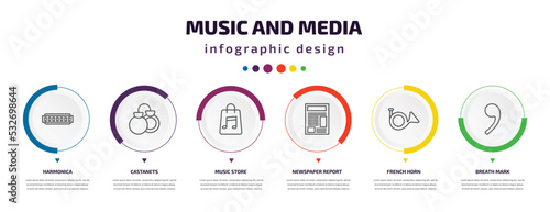 music and media infographic element with icons and 6 step or option. music and media icons such as harmonica, castanets, music store, newspaper report, french horn, breath mark vector. can be used