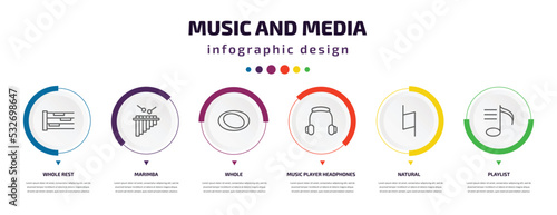 music and media infographic element with icons and 6 step or option. music and media icons such as whole rest, marimba, whole, music player headphones, natural, playlist vector. can be used for