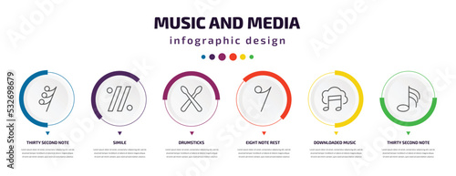 music and media infographic element with icons and 6 step or option. music and media icons such as thirty second note rest, simile, drumsticks, eight note rest, downloaded music cloud, thirty second photo