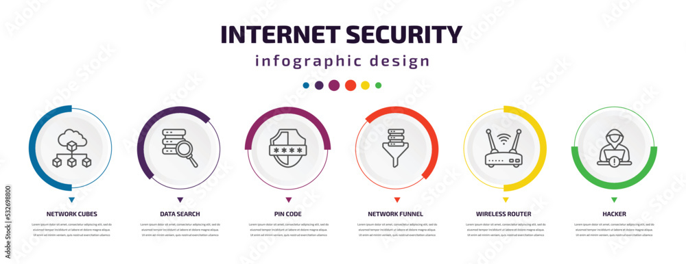 internet security infographic element with icons and 6 step or option. internet security icons such as network cubes, data search, pin code, network funnel, wireless router, hacker vector. can be internet security infographic element with icons and 6 step or option. internet security icons such as network cubes, data search, pin code, network funnel, wireless router, hacker vector. can be