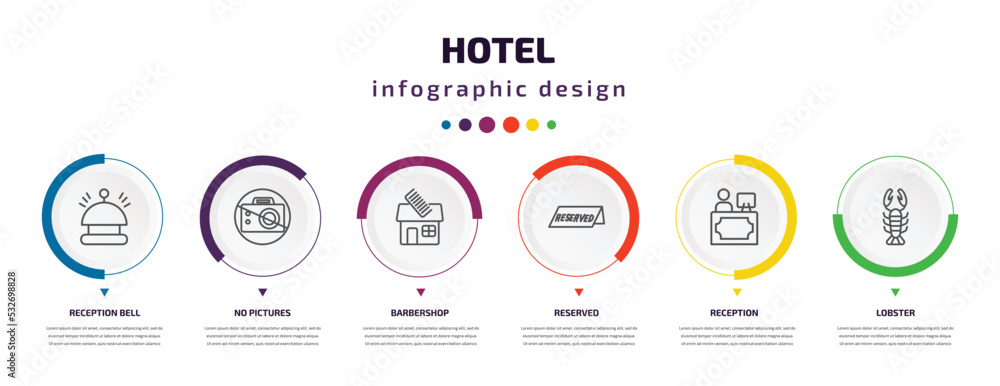 hotel infographic element with icons and 6 step or option. hotel icons such as reception bell, no pictures, barbershop, reserved, reception, lobster vector. can be used for banner, info graph, web, hotel infographic element with icons and 6 step or option. hotel icons such as reception bell, no pictures, barbershop, reserved, reception, lobster vector. can be used for banner, info graph, web,