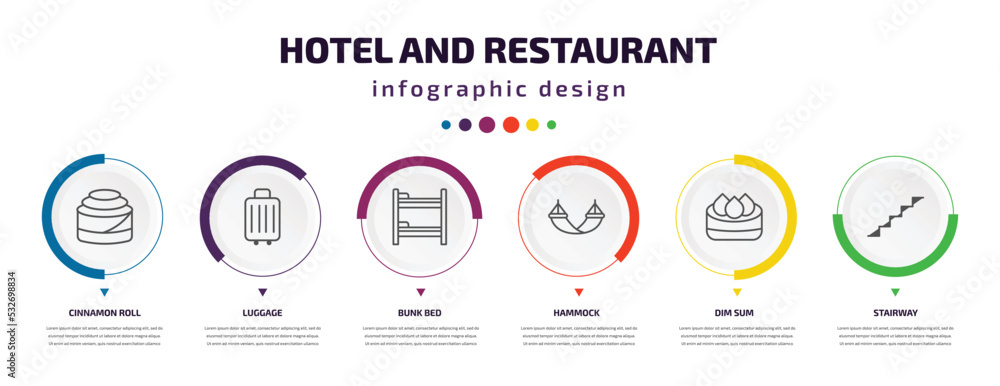 hotel and restaurant infographic element with icons and 6 step or option. hotel and restaurant icons such as cinnamon roll, luggage, bunk bed, hammock, dim sum, stairway vector. can be used for hotel and restaurant infographic element with icons and 6 step or option. hotel and restaurant icons such as cinnamon roll, luggage, bunk bed, hammock, dim sum, stairway vector. can be used for