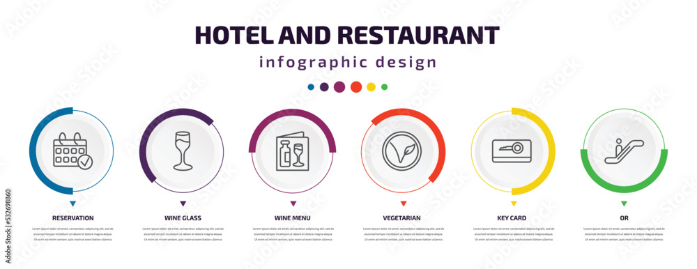 hotel and restaurant infographic element with icons and 6 step or option. hotel and restaurant icons such as reservation, wine glass, wine menu, vegetarian, key card, or vector. can be used for hotel and restaurant infographic element with icons and 6 step or option. hotel and restaurant icons such as reservation, wine glass, wine menu, vegetarian, key card, or vector. can be used for