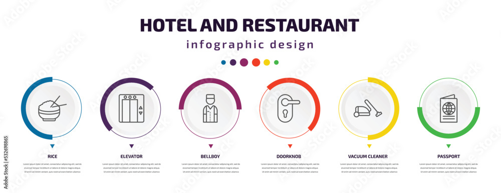 hotel and restaurant infographic element with icons and 6 step or option. hotel and restaurant icons such as rice, elevator, bellboy, doorknob, vacuum cleaner, passport vector. can be used for hotel and restaurant infographic element with icons and 6 step or option. hotel and restaurant icons such as rice, elevator, bellboy, doorknob, vacuum cleaner, passport vector. can be used for