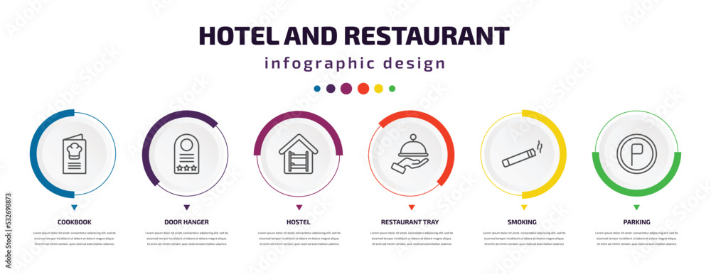 hotel and restaurant infographic element with icons and 6 step or option. hotel and restaurant icons such as cookbook, door hanger, hostel, restaurant tray, smoking, parking vector. can be used for hotel and restaurant infographic element with icons and 6 step or option. hotel and restaurant icons such as cookbook, door hanger, hostel, restaurant tray, smoking, parking vector. can be used for