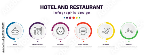 hotel and restaurant infographic element with icons and 6 step or option. hotel and restaurant icons such as hotel, eating utensils, go down, do not disturb, or down, room key vector. can be used