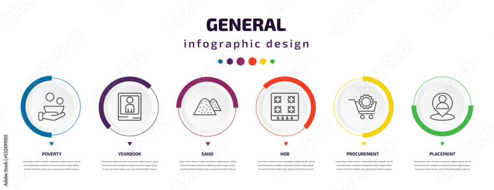 general infographic element with icons and 6 step or option. general icons such as poverty, yearbook, sand, hob, procurement, placement vector. can be used for banner, info graph, web, general infographic element with icons and 6 step or option. general icons such as poverty, yearbook, sand, hob, procurement, placement vector. can be used for banner, info graph, web,