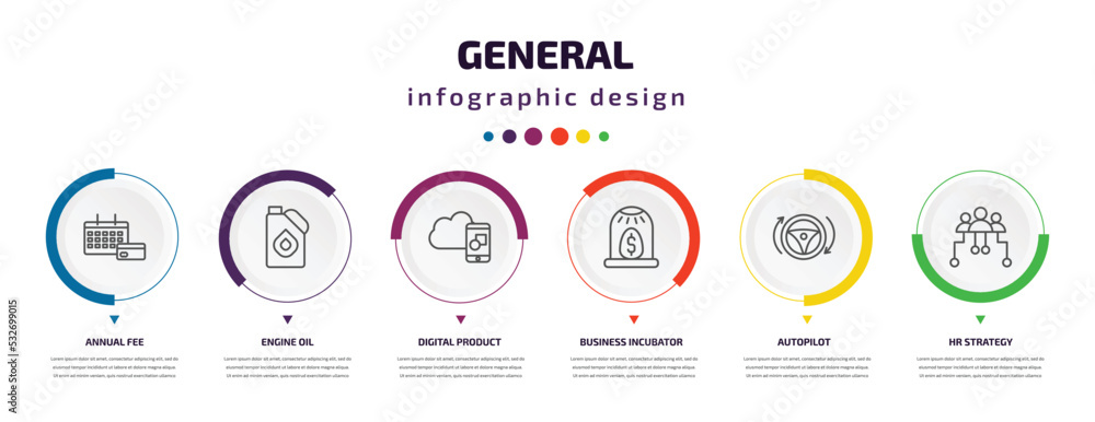 general infographic element with icons and 6 step or option. general icons such as annual fee, engine oil, digital product, business incubator, autopilot, hr strategy vector. can be used for banner, general infographic element with icons and 6 step or option. general icons such as annual fee, engine oil, digital product, business incubator, autopilot, hr strategy vector. can be used for banner,
