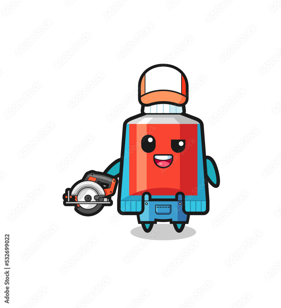 Naklejka premium the woodworker toothpaste mascot holding a circular saw