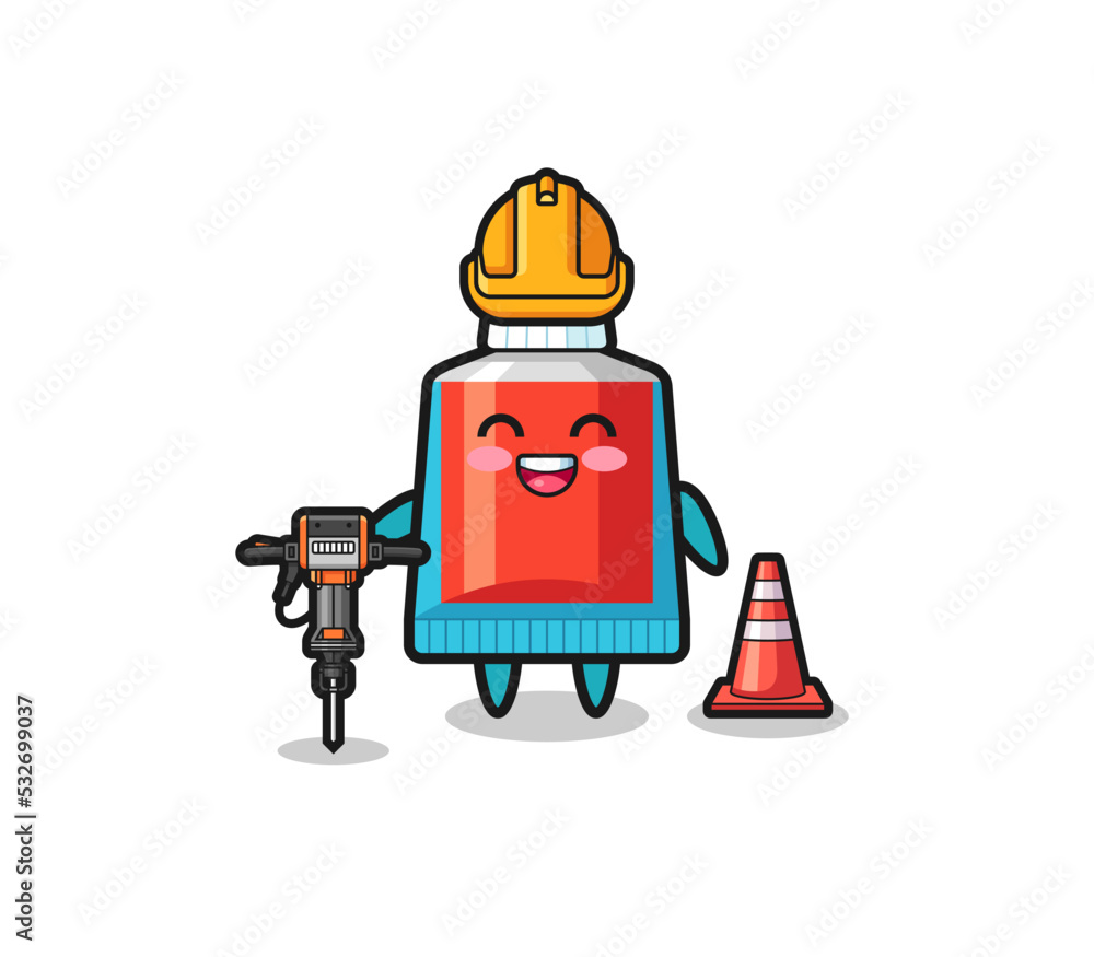 road worker mascot of toothpaste holding drill machine road worker mascot of toothpaste holding drill machine