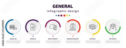 general infographic element with icons and 6 step or option. general icons such as annual fee, engine oil, digital product, business incubator, autopilot, hr strategy vector. can be used for banner,