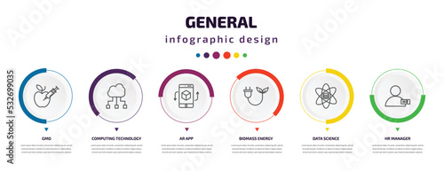general infographic element with icons and 6 step or option. general icons such as gmo, computing technology, ar app, biomass energy, data science, hr manager vector. can be used for banner, info