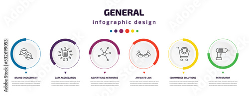 general infographic element with icons and 6 step or option. general icons such as brand engagement, data aggregation, advertising networks, affiliate link, ecommerce solutions, perforator vector.