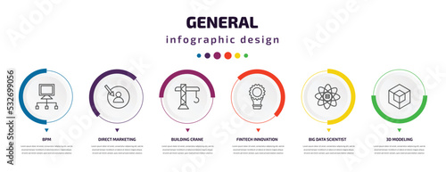 general infographic element with icons and 6 step or option. general icons such as bpm, direct marketing, building crane, fintech innovation, big data scientist, 3d modeling vector. can be used for