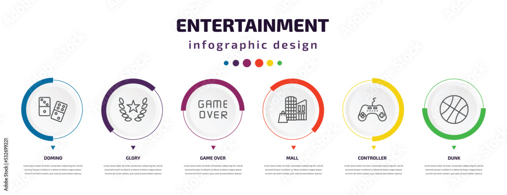 entertainment infographic element with icons and 6 step or option. entertainment icons such as domino, glory, game over, mall, controller, dunk vector. can be used for banner, info graph, web,