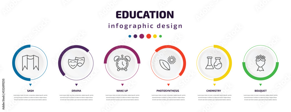 education infographic element with icons and 6 step or option. education icons such as sash, drama, wake up, photosynthesis, chemistry, bouquet vector. can be used for banner, info graph, web, education infographic element with icons and 6 step or option. education icons such as sash, drama, wake up, photosynthesis, chemistry, bouquet vector. can be used for banner, info graph, web,