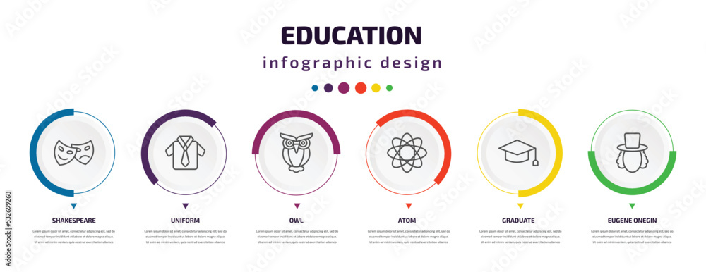 education infographic element with icons and 6 step or option. education icons such as shakespeare, uniform, owl, atom, graduate, eugene onegin vector. can be used for banner, info graph, web, education infographic element with icons and 6 step or option. education icons such as shakespeare, uniform, owl, atom, graduate, eugene onegin vector. can be used for banner, info graph, web,