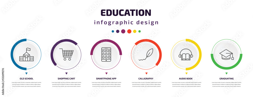 education infographic element with icons and 6 step or option. education icons such as old school, shopping cart, smartphone app, calligraphy, audio book, graduating vector. can be used for banner,