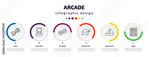arcade infographic element with icons and 6 step or option. arcade icons such as dices, game hine, billiards, cinema seat, sailing boat, bingo vector. can be used for banner, info graph, web,