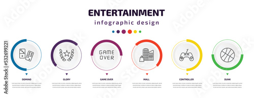 entertainment infographic element with icons and 6 step or option. entertainment icons such as domino, glory, game over, mall, controller, dunk vector. can be used for banner, info graph, web,