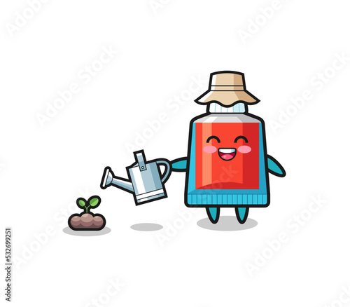 cute toothpaste is watering plant seeds