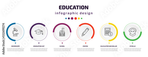 education infographic element with icons and 6 step or option. education icons such as microscope  graduation hat  school  crayon  calculator and dollar  othello vector. can be used for banner  info