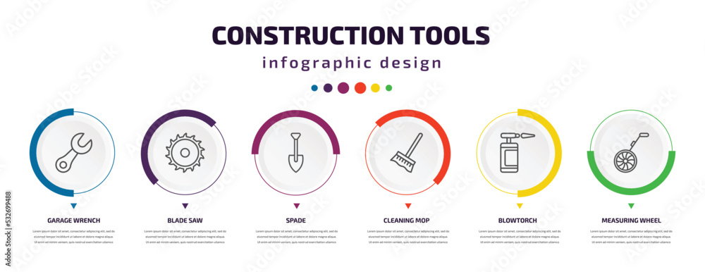 construction tools infographic element with icons and 6 step or option. construction tools icons such as garage wrench, blade saw, spade, cleaning mop, blowtorch, measuring wheel vector. can be used construction tools infographic element with icons and 6 step or option. construction tools icons such as garage wrench, blade saw, spade, cleaning mop, blowtorch, measuring wheel vector. can be used