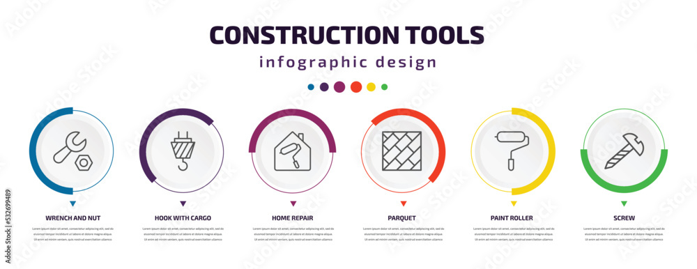 construction tools infographic element with icons and 6 step or option. construction tools icons such as wrench and nut, hook with cargo, home repair, parquet, paint roller, screw vector. can be construction tools infographic element with icons and 6 step or option. construction tools icons such as wrench and nut, hook with cargo, home repair, parquet, paint roller, screw vector. can be