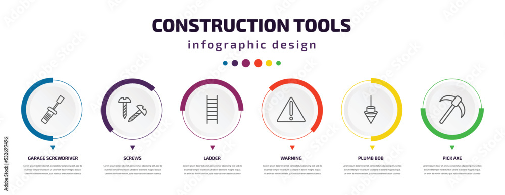 construction tools infographic element with icons and 6 step or option. construction tools icons such as garage screwdriver, screws, ladder, warning, plumb bob, pick axe vector. can be used for construction tools infographic element with icons and 6 step or option. construction tools icons such as garage screwdriver, screws, ladder, warning, plumb bob, pick axe vector. can be used for