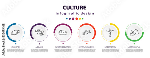 culture infographic element with icons and 6 step or option. culture icons such as marine fish, ajoblanco, sweet and sour pork, australian alligator, capoeira brazil dancers, australian flag vector.