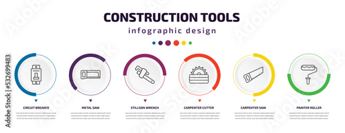 construction tools infographic element with icons and 6 step or option. construction tools icons such as circuit breaker, metal saw, stillson wrench, carpenter cutter, carpenter saw, painter roller