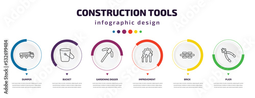 construction tools infographic element with icons and 6 step or option. construction tools icons such as dumper, bucket, gardening digger, improvement, brick, plier vector. can be used for banner,