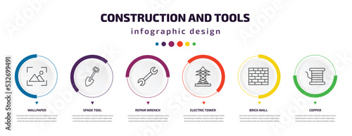 construction and tools infographic element with icons and 6 step or option. construction and tools icons such as wallpaper, spade tool, repair wrench, electric tower, brick wall, copper vector. can