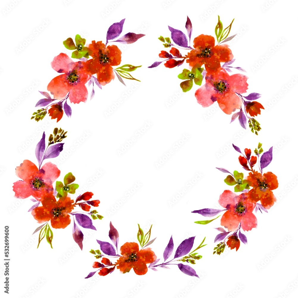 Watercolor floral illustration. Rustic wreath with wildflowers. Isolated on white background