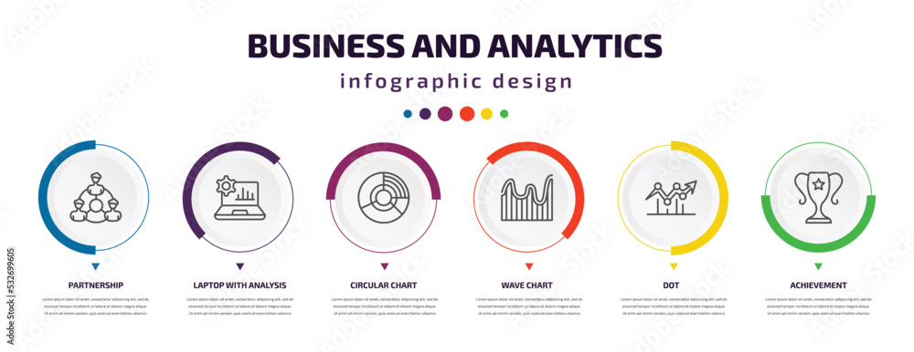 business and analytics infographic element with icons and 6 step or option. business and analytics icons such as partnership, laptop with analysis, circular chart, wave chart, dot, achievement business and analytics infographic element with icons and 6 step or option. business and analytics icons such as partnership, laptop with analysis, circular chart, wave chart, dot, achievement