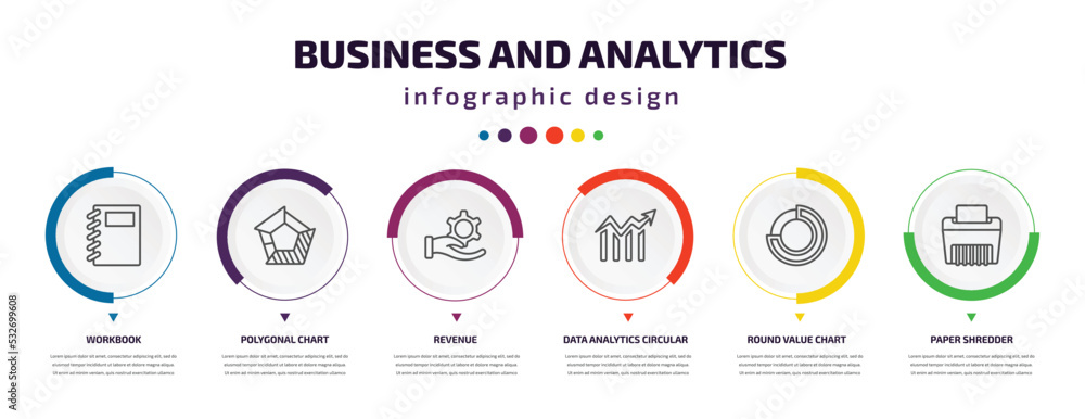 business and analytics infographic element with icons and 6 step or option. business and analytics icons such as workbook, polygonal chart, revenue, data analytics circular, round value chart, paper