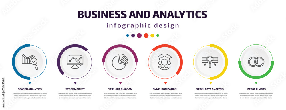 business and analytics infographic element with icons and 6 step or option. business and analytics icons such as search analytics, stock market, pie chart diagram, synchronization, stock data business and analytics infographic element with icons and 6 step or option. business and analytics icons such as search analytics, stock market, pie chart diagram, synchronization, stock data