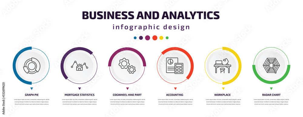 business and analytics infographic element with icons and 6 step or option. business and analytics icons such as graph pie, mortgage statistics, cogwheel hine part, accounting, workplace, radar