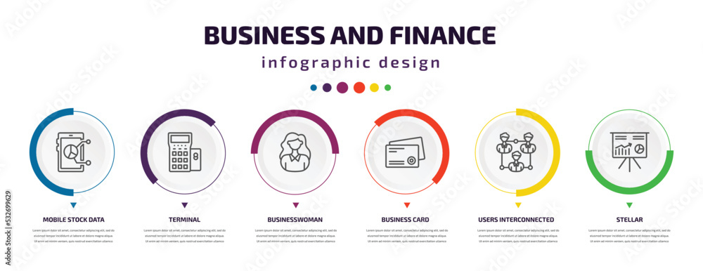 Naklejka premium business and finance infographic element with icons and 6 step or option. business and finance icons such as mobile stock data, terminal, businesswoman, business card, users interconnected, stellar