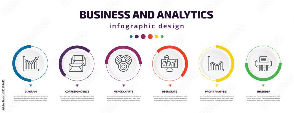 business and analytics infographic element with icons and 6 step or option. business and analytics icons such as diagram, correspondence, merge charts, user stats, profit analysis, shredder vector. business and analytics infographic element with icons and 6 step or option. business and analytics icons such as diagram, correspondence, merge charts, user stats, profit analysis, shredder vector.