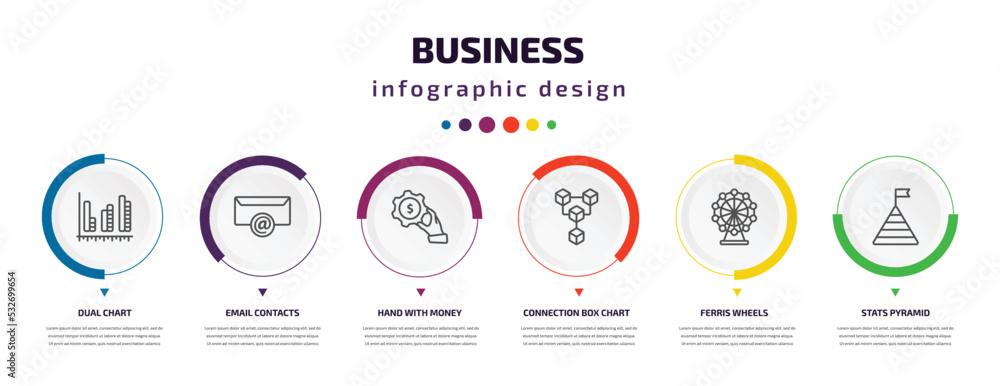 business infographic element with icons and 6 step or option. business icons such as dual chart, email contacts, hand with money gear, connection box chart, ferris wheels, stats pyramid vector. can